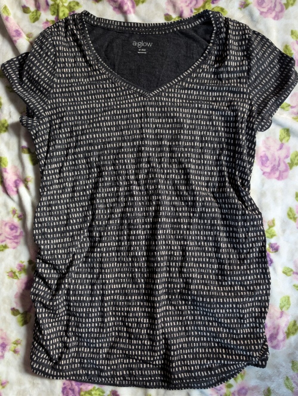 a:glow Black Maternity V-Neck Short Sleeve Tee with White Dash Pattern